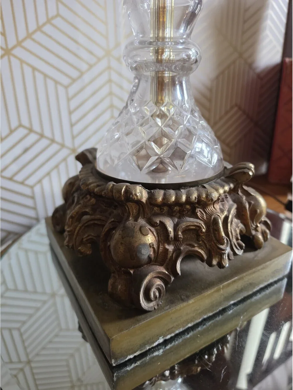 Vintage Hollywood Regency Brass And Cut Crystal And Glass Tall Table Lamp